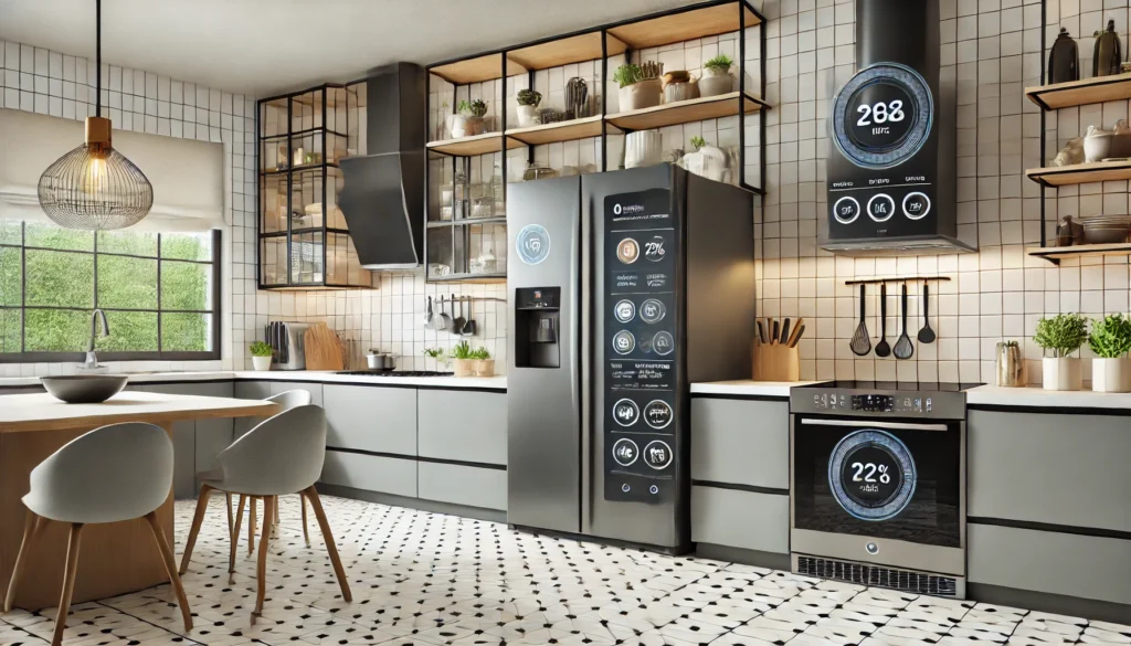 DALL·E 2024-12-24 12.44.03 - A futuristic kitchen featuring smart appliances in a modern setting. The design includes a sleek refrigerator with a touch screen display, an oven tha