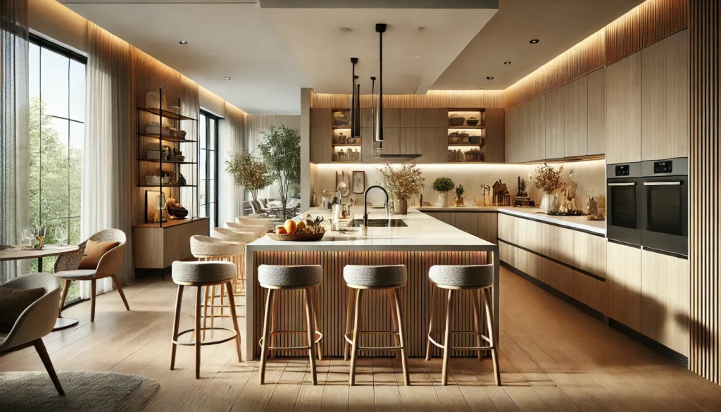 DALL·E 2024-12-24 12.44.49 - A modern kitchen featuring a central island as the focal point. The island serves both functional and social purposes, with a spacious countertop for