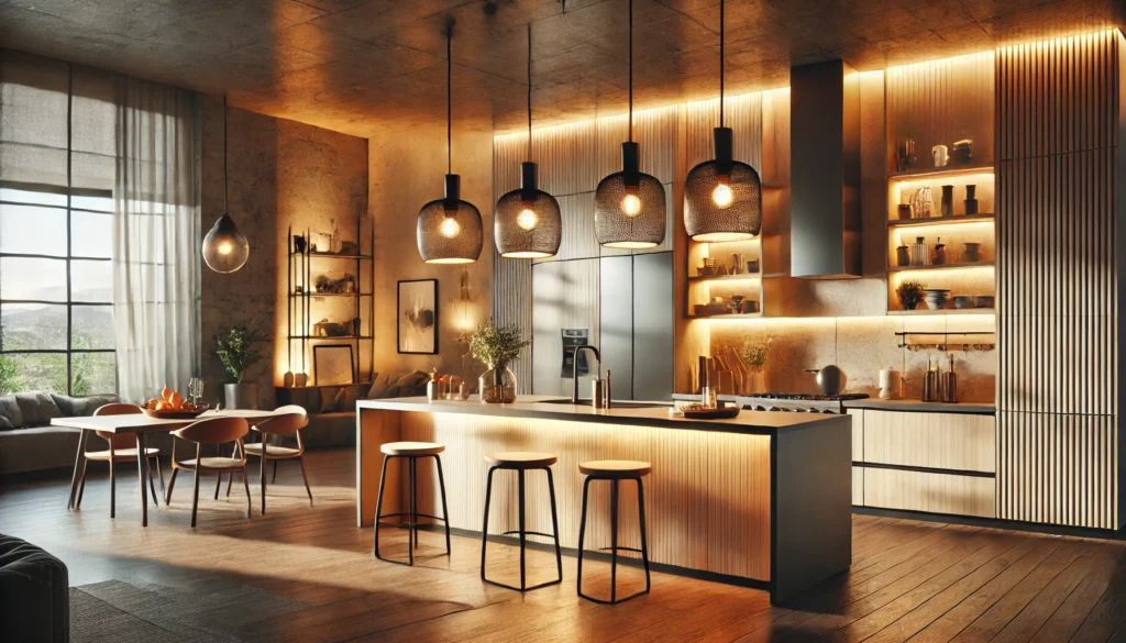 DALL·E 2024-12-24 12.46.33 - A modern kitchen design for 2025 showcasing key lighting trends. The kitchen features warm ambient lighting and functional task lighting. Minimalist a
