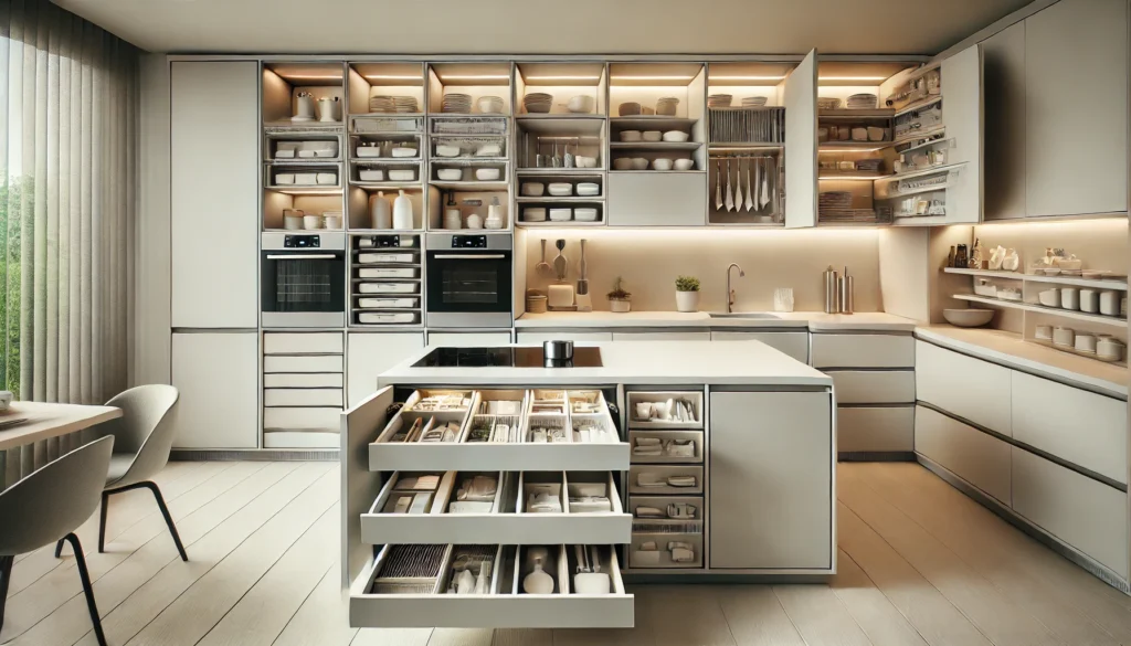 DALL·E 2024-12-24 12.47.17 - A futuristic kitchen design in 2025 focusing on smart storage solutions. The kitchen features modular and custom storage systems, including drawers wi