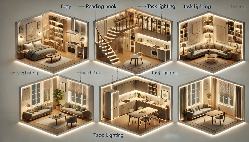DALL·E 2024-12-24 12.49.47 - A concept illustration of a home with various spaces designed for different activities, emphasizing tailored lighting solutions. Each area is adapted