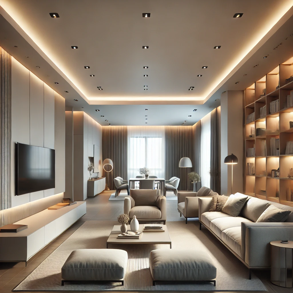 DALL·E 2024-12-25 20.42.06 - A modern living room with a minimalist lighting design. The space is illuminated with ambient lighting that is evenly distributed, installed in recess