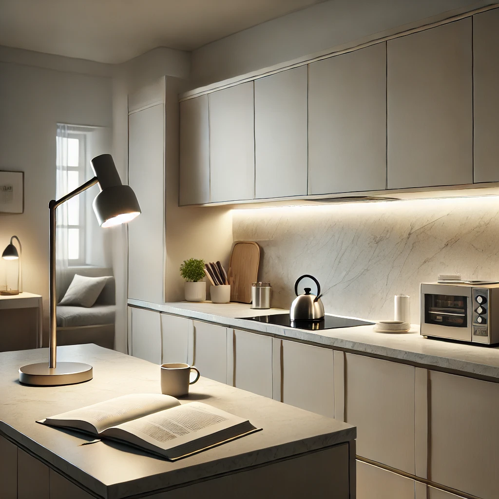 DALL·E 2024-12-25 20.43.17 - A modern kitchen with task lighting focused on the countertop area. Bright, targeted lights are installed under the cabinets, illuminating the workspa