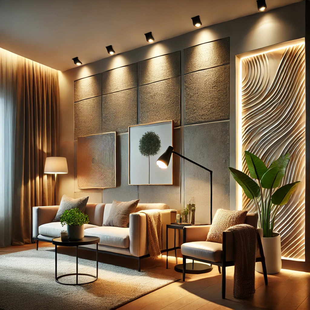 DALL·E 2024-12-25 20.44.05 - A modern living room with accent lighting highlighting specific elements. Spotlights are focused on a piece of wall art and a small indoor plant, crea