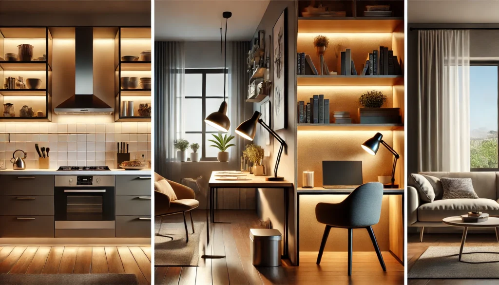 DALL·E 2024-12-25 20.46.50 - A modern and stylish scene showcasing task lighting in various environments_ a sleek kitchen with under-cabinet LED lighting illuminating the countert