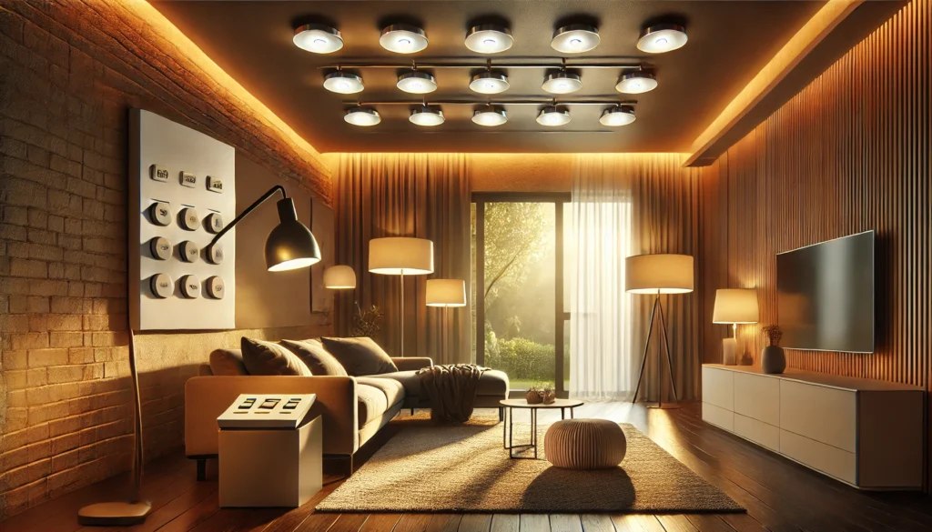 DALL·E 2024-12-25 20.48.05 - A cozy interior scene showcasing the use of dimmable lighting for visual comfort and intensity control. The room features adjustable lights transition