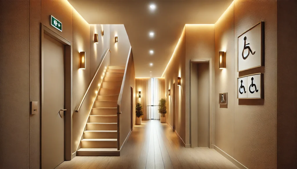 DALL·E 2024-12-25 20.48.34 - A well-lit interior scene focusing on safety and mobility in transitional areas like staircases, hallways, and entrances. The image features uniform a