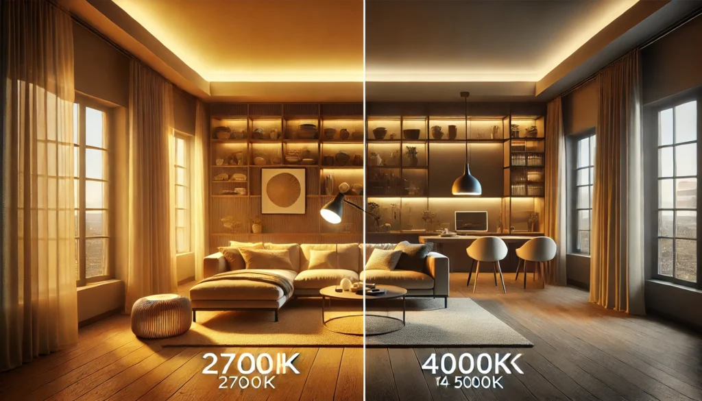 DALL·E 2024-12-25 20.50.04 - A visually striking image demonstrating the concept of creating atmospheres with color temperature. The scene is split into two sections_ one side ill