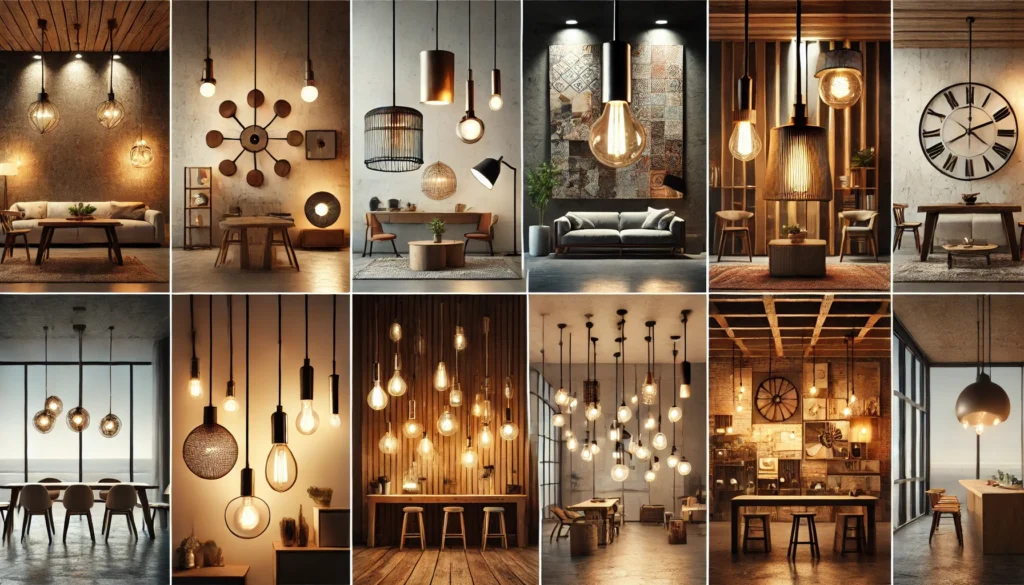 DALL·E 2024-12-25 20.50.36 - An artistic and visually detailed image showcasing different lighting styles and their influence on interior decoration. The scene is divided into mul