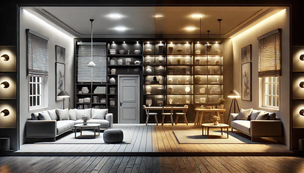 DALL·E 2024-12-25 20.51.25 - A visually detailed and artistic image illustrating how lighting can influence the perception of depth and space in a room. One side of the scene feat