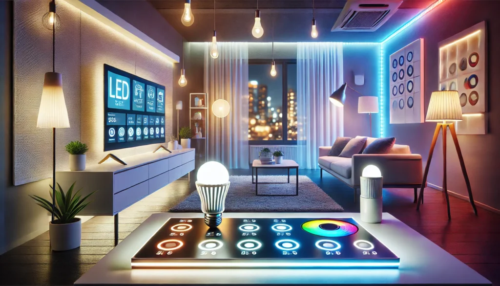 DALL·E 2024-12-25 20.54.06 - A close-up view of LED technology in use, featuring a modern room illuminated by LED lights of various colors and temperatures. The scene showcases en
