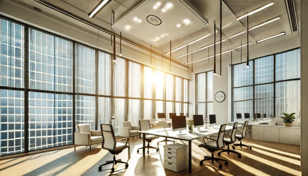 DALL·E 2024-12-25 20.55.01 - A modern office space with large windows allowing abundant natural sunlight. The room features light sensors on the walls and ceiling, automatically a