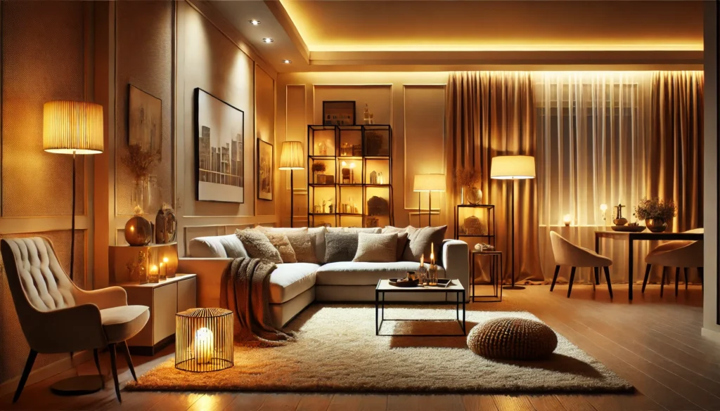 DALL·E 2024-12-25 20.57.00 - A cozy and inviting living room with warm ambient lighting. The space features a combination of floor lamps, wall sconces, and accent lights creating