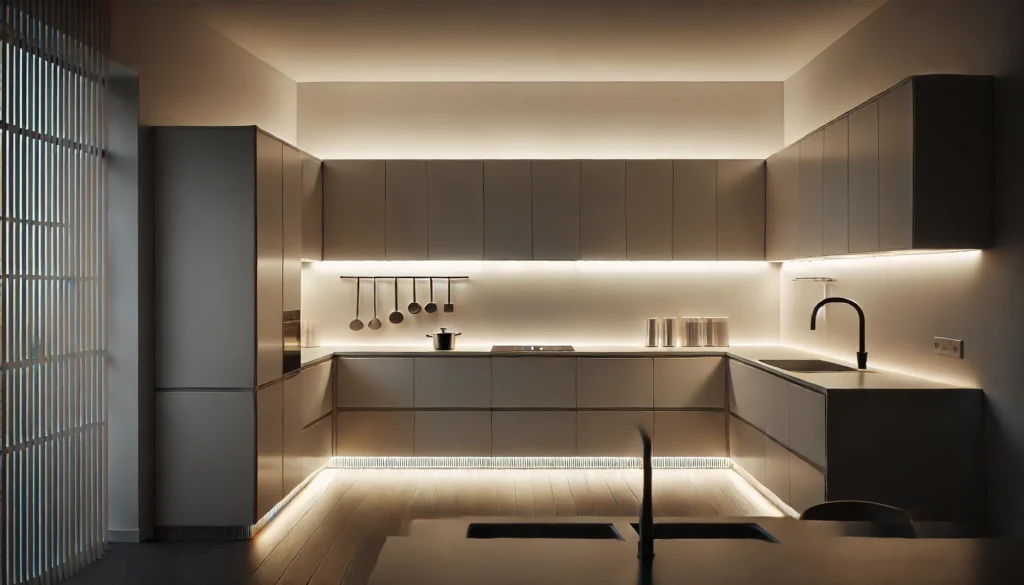 DALL·E 2024-12-25 20.57.35 - A modern kitchen with minimal but efficient lighting. The space features a combination of strong general light and task lights over the countertops, s