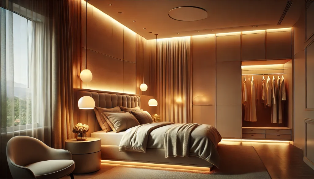 DALL·E 2024-12-25 20.58.35 - A serene and cozy bedroom featuring warm lighting with dimmable settings. The room includes bedside lamps with reading lights and accent lighting arou