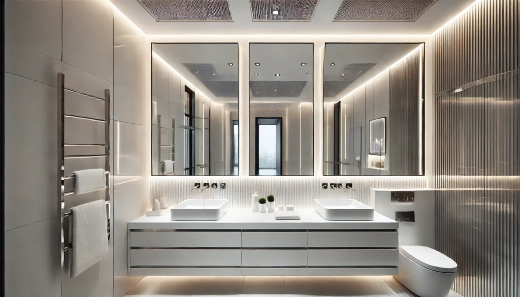 DALL·E 2024-12-25 20.59.41 - Modern bathroom with sleek design, featuring uniform lighting around mirrors and sink areas. The mirrors have built-in LED lights emitting neutral to