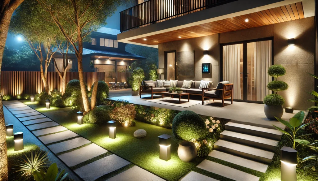 DALL·E 2024-12-25 21.00.03 - Outdoor space featuring a modern patio and garden area with strategic lighting. Security lights with motion sensors are installed near the entryway. A