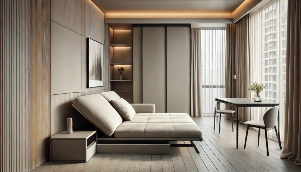 DALL·E 2024-12-25 21.15.46 - Interior of a modern living space featuring a versatile sofa bed with a sleek design, paired with a foldable table. The sofa bed includes hidden stora