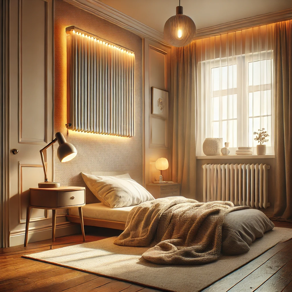 DALL·E 2024-12-26 23.17.36 - A cozy bedroom with an electric radiator heater mounted on the wall, emanating a warm glow. The room features a single bed with a soft blanket, a smal