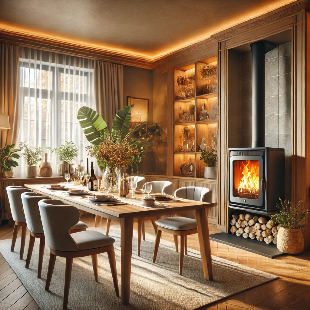 DALL·E 2024-12-26 23.18.51 - A stylish and warm dining room featuring a biomass stove as the primary heating source. The room includes a wooden dining table with elegant chairs, s