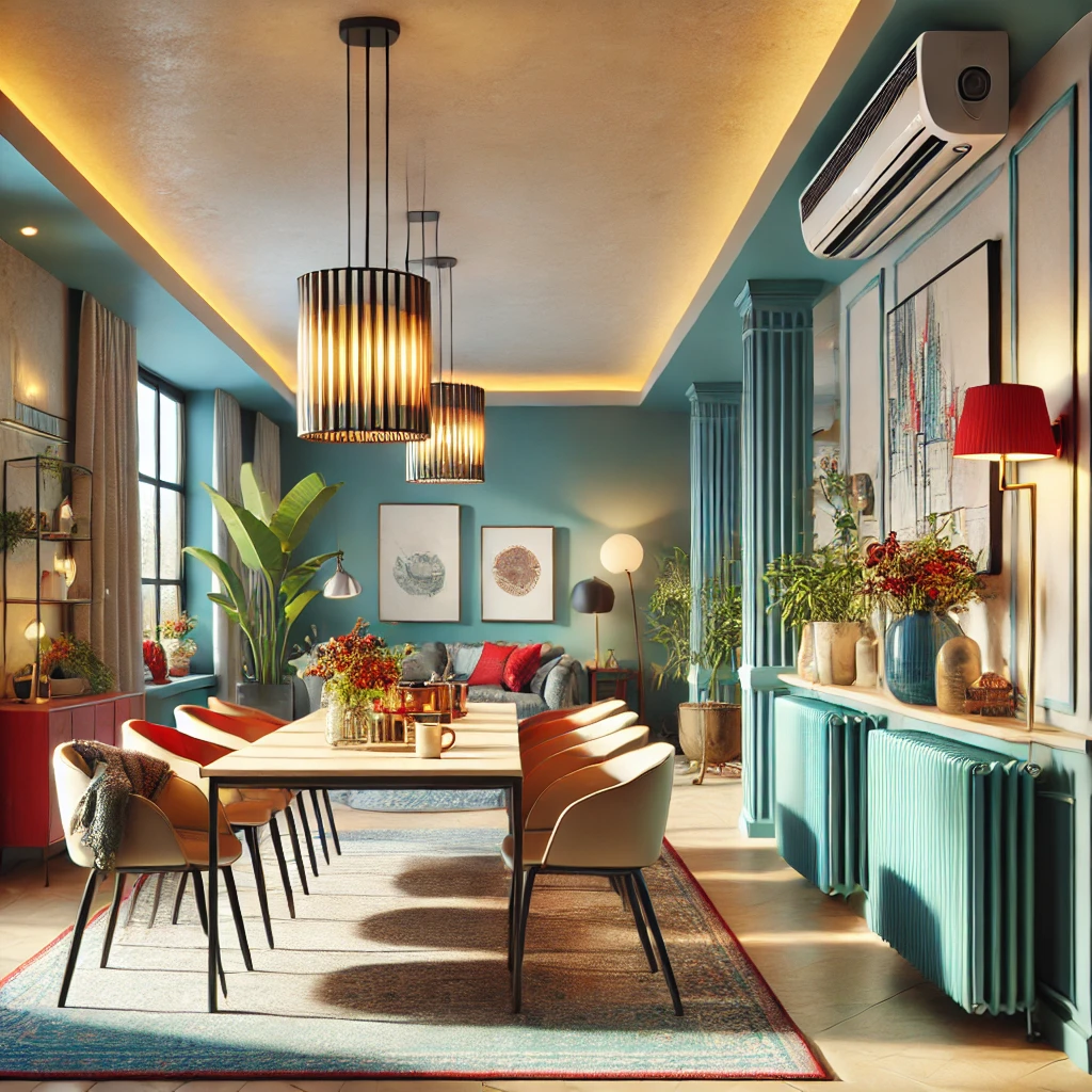 DALL·E 2024-12-26 23.31.49 - A dining room featuring a gas heating system. The room has a warm and inviting atmosphere, with modern or traditional furniture. The dining table is s