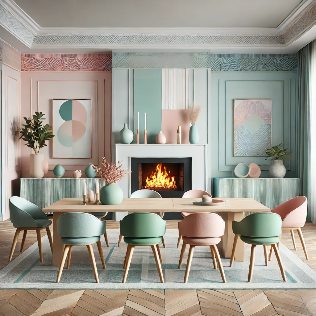 DALL·E 2024-12-26 23.35.12 - A modern dining room with pastel colors and a wood-burning fireplace. The room features a sleek and stylish design with a dining table surrounded by c