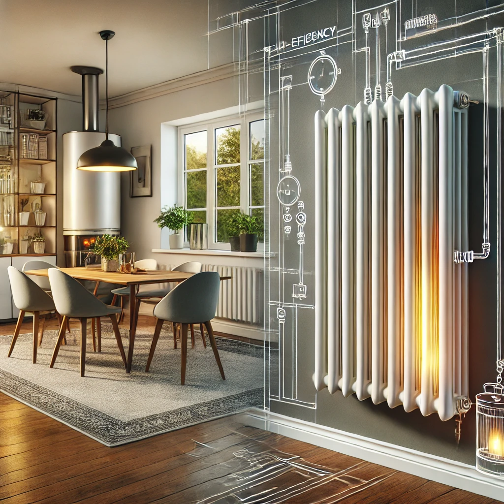 DALL·E 2024-12-27 00.14.01 - A detailed illustration of a modern dining room featuring a radiator as part of a heating system powered by diesel fuel. The radiator is sleek and mou