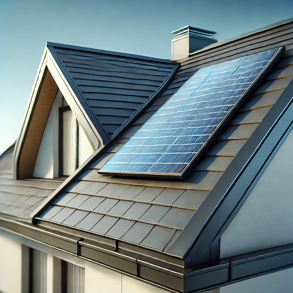 DALL·E 2024-12-27 00.16.45 - A realistic and detailed illustration of a modern rooftop featuring a single solar panel. The roof has a sleek design with clean lines, and the solar