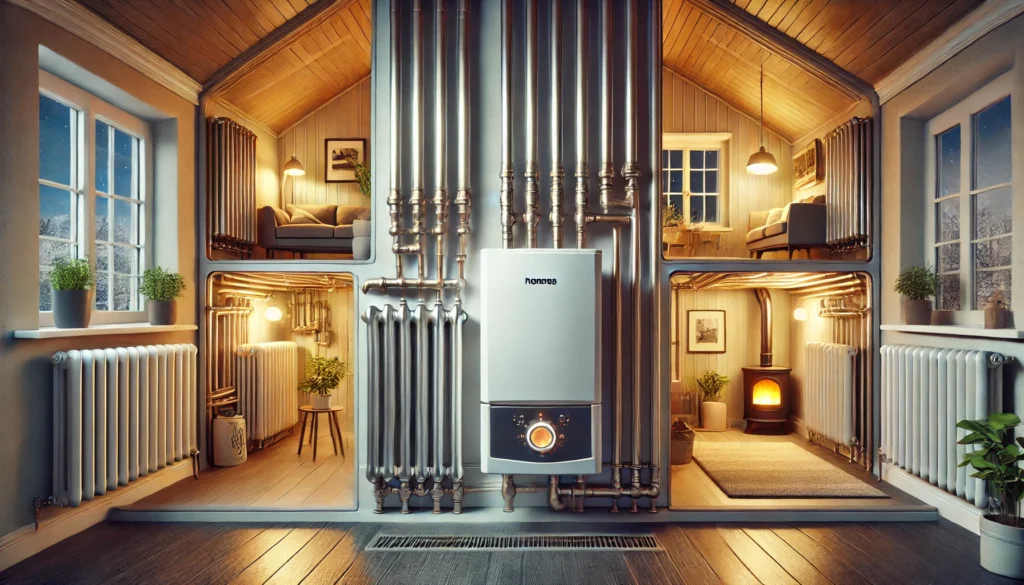 DALL·E 2024-12-27 00.18.57 - A modern central heating system with radiators. The image shows a house with a visible central boiler (gas, electric, or biomass) located in the basem