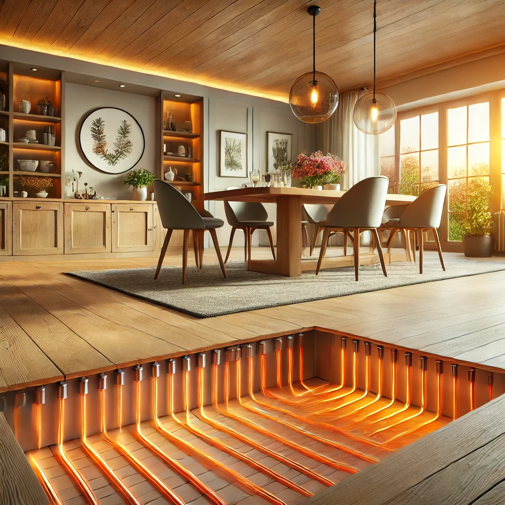 DALL·E 2024-12-27 00.26.16 - A warm and inviting dining room with a visible radiant floor heating system. The image showcases a modern dining space with a wooden table, chairs, an