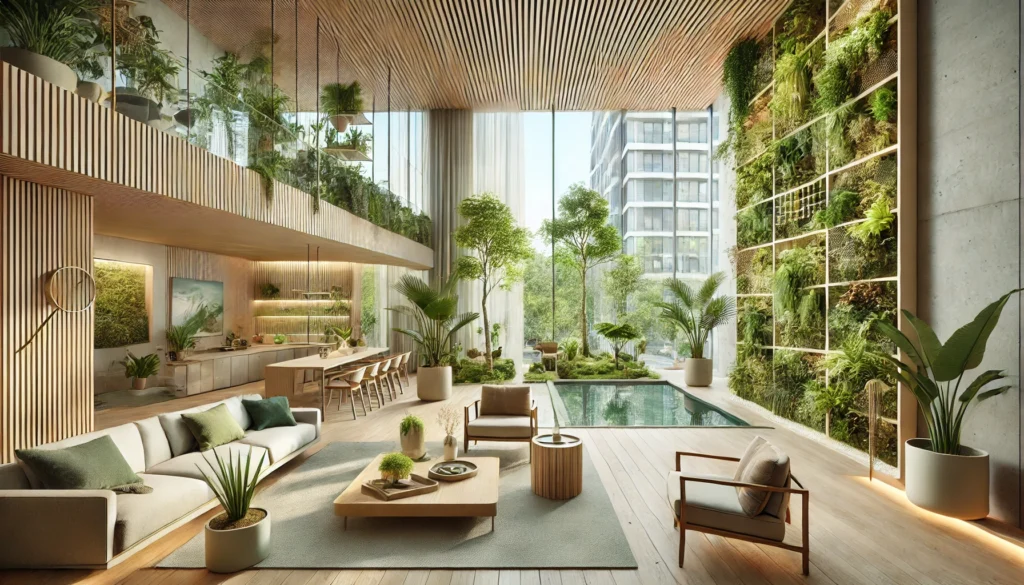 DALL·E 2024-12-28 00.44.12 - A modern biophilic interior design trend for 2025. The space features an open-plan living area with large windows allowing natural light to flood the