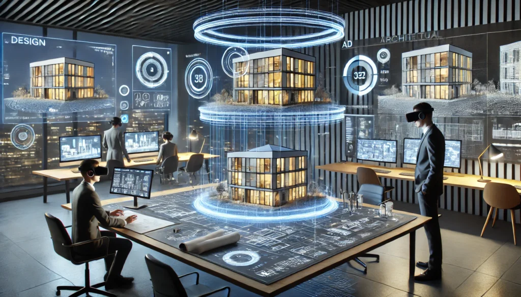 DALL·E 2024-12-28 00.47.31 - A futuristic design studio in 2025 showcasing the integration of advanced technologies in housing design. The scene features architects and designers