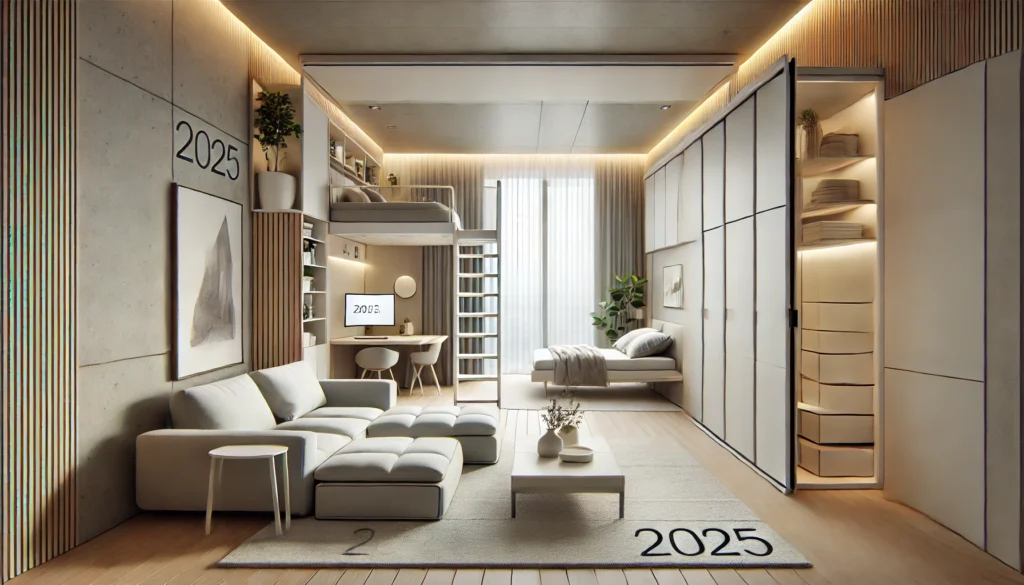 DALL·E 2024-12-28 00.48.38 - A modern and minimalist multifunctional living space in 2025. The design features an open floor plan with a living room that easily transforms into a