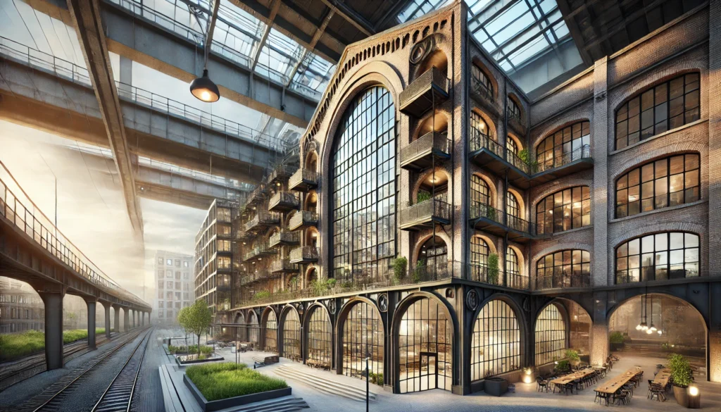 DALL·E 2024-12-28 00.52.05 - A visually striking image showcasing the rehabilitation of an existing building with an industrial vintage style. The scene features a blend of modern