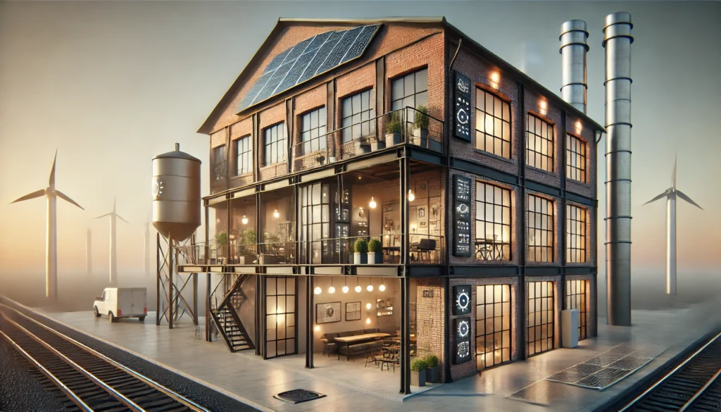 DALL·E 2024-12-28 00.52.45 - An industrial vintage-style depiction of a smart building designed with subtle advanced technologies. The building showcases exposed brick walls, larg