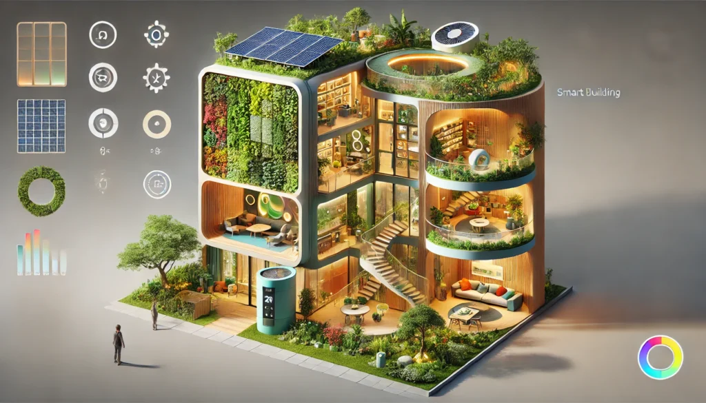 DALL·E 2024-12-28 00.53.59 - A bio-philic and colorful smart building design incorporating organic elements and advanced technologies subtly. The structure integrates greenery on