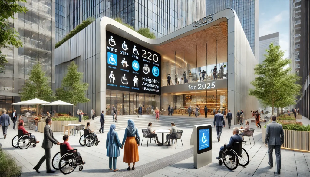 DALL·E 2024-12-28 00.59.03 - A modern and inclusive architectural design for 2025. The image shows a contemporary building with wide, step-free entrances, spacious and barrier-fre