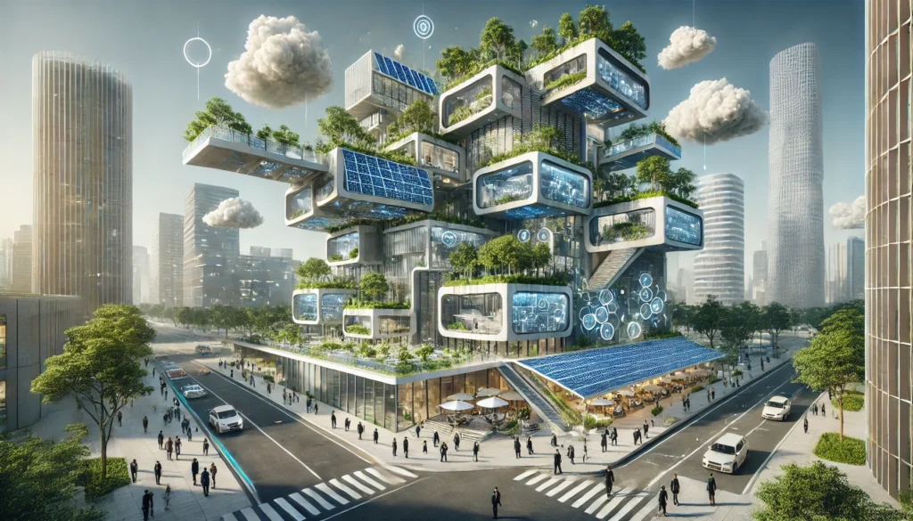 DALL·E 2024-12-28 01.00.35 - A futuristic and sustainable architectural design concept. The image showcases a technologically advanced building with solar panels, green rooftops,