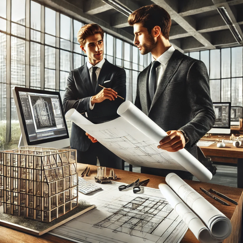 DALL·E 2024-12-28 01.04.25 - An architect in a modern office setting, holding blueprints and discussing construction plans with a colleague. The architect is surrounded by draftin