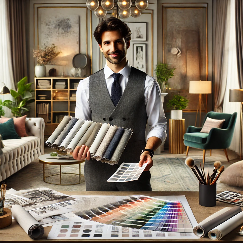 DALL·E 2024-12-28 01.06.27 - An interior designer in a stylish studio, holding fabric samples and reviewing mood boards. The designer is surrounded by design tools like color swat