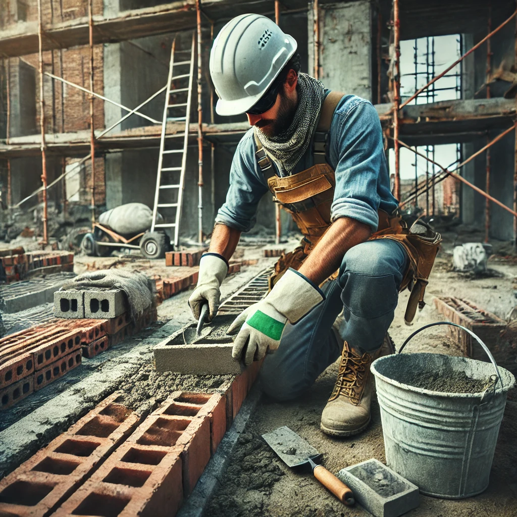 DALL·E 2024-12-28 01.07.00 - A construction worker (bricklayer) at a worksite, wearing protective gear including a helmet, gloves, and a safety vest. The worker is laying bricks o