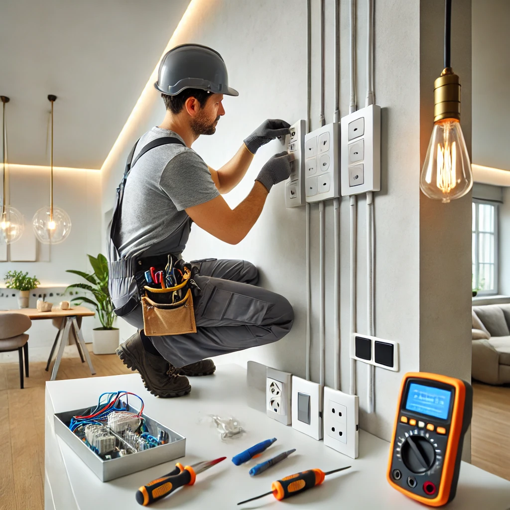 DALL·E 2024-12-28 01.09.22 - An electrician at work in a modern residential setting. The scene shows the electrician, wearing a safety helmet and gloves, skillfully installing ele