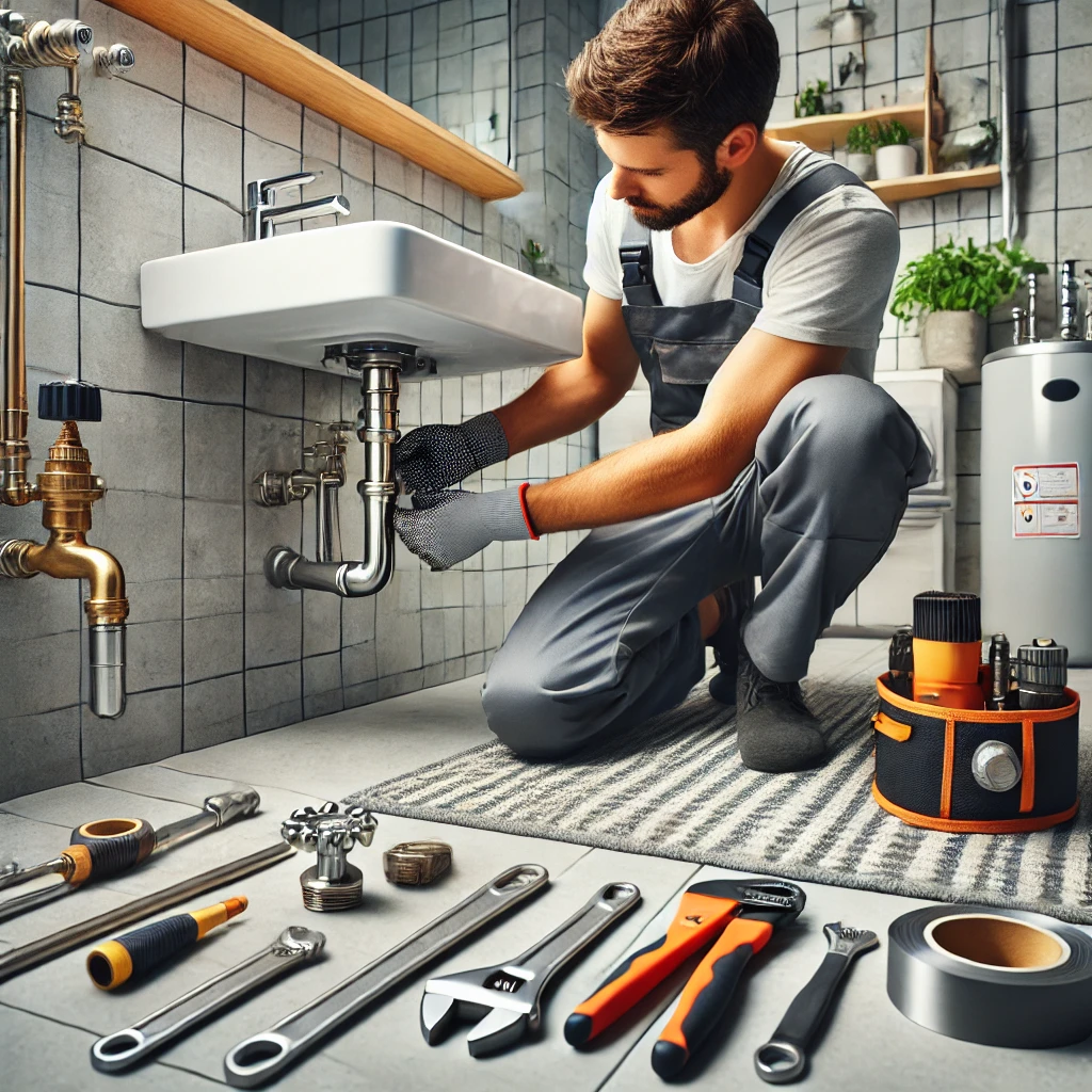 DALL·E 2024-12-28 01.09.58 - A plumber at work in a modern bathroom setting. The scene shows the plumber, wearing a uniform and protective gloves, skillfully repairing or installi