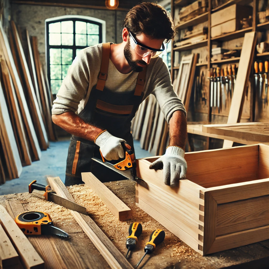 DALL·E 2024-12-28 01.10.38 - A carpenter at work in a modern workshop. The scene shows the carpenter wearing safety goggles and gloves, skillfully crafting a wooden cabinet using