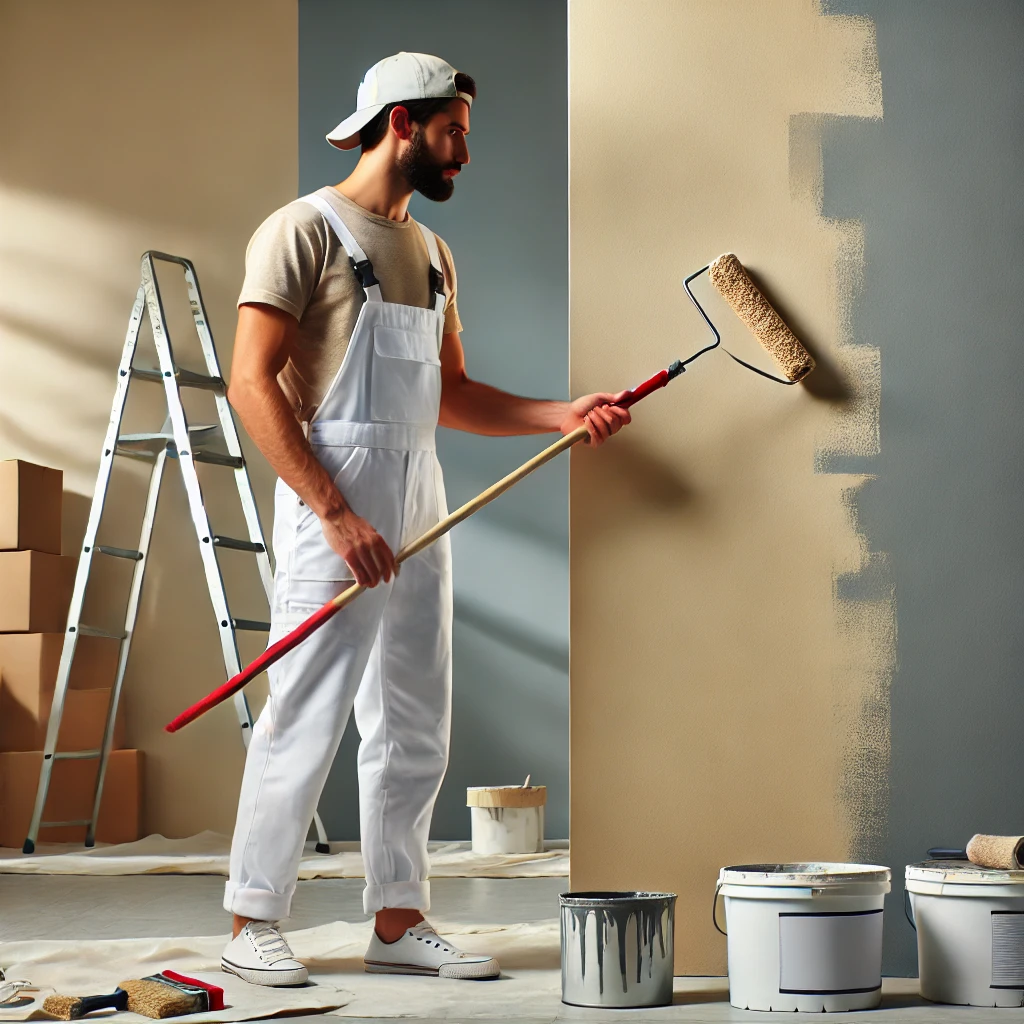 DALL·E 2024-12-28 01.12.17 - A professional painter working on an interior wall of a modern home. The scene includes the painter wearing white overalls and a cap, holding a roller