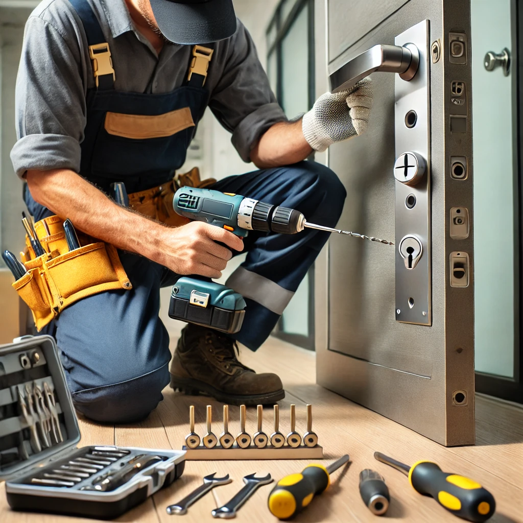 DALL·E 2024-12-28 01.12.57 - A locksmith working on installing a modern security lock on a sturdy metal door in a residential setting. The locksmith is wearing a uniform with tool