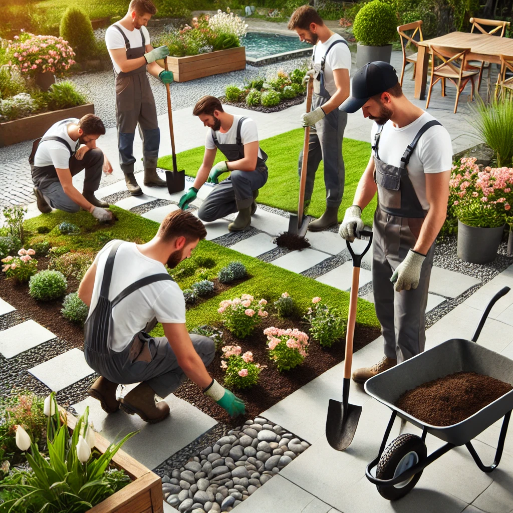 DALL·E 2024-12-31 11.20.59 - A team of gardeners working on an outdoor landscaping project. They are wearing work uniforms including gloves and hats, with some using tools like sh