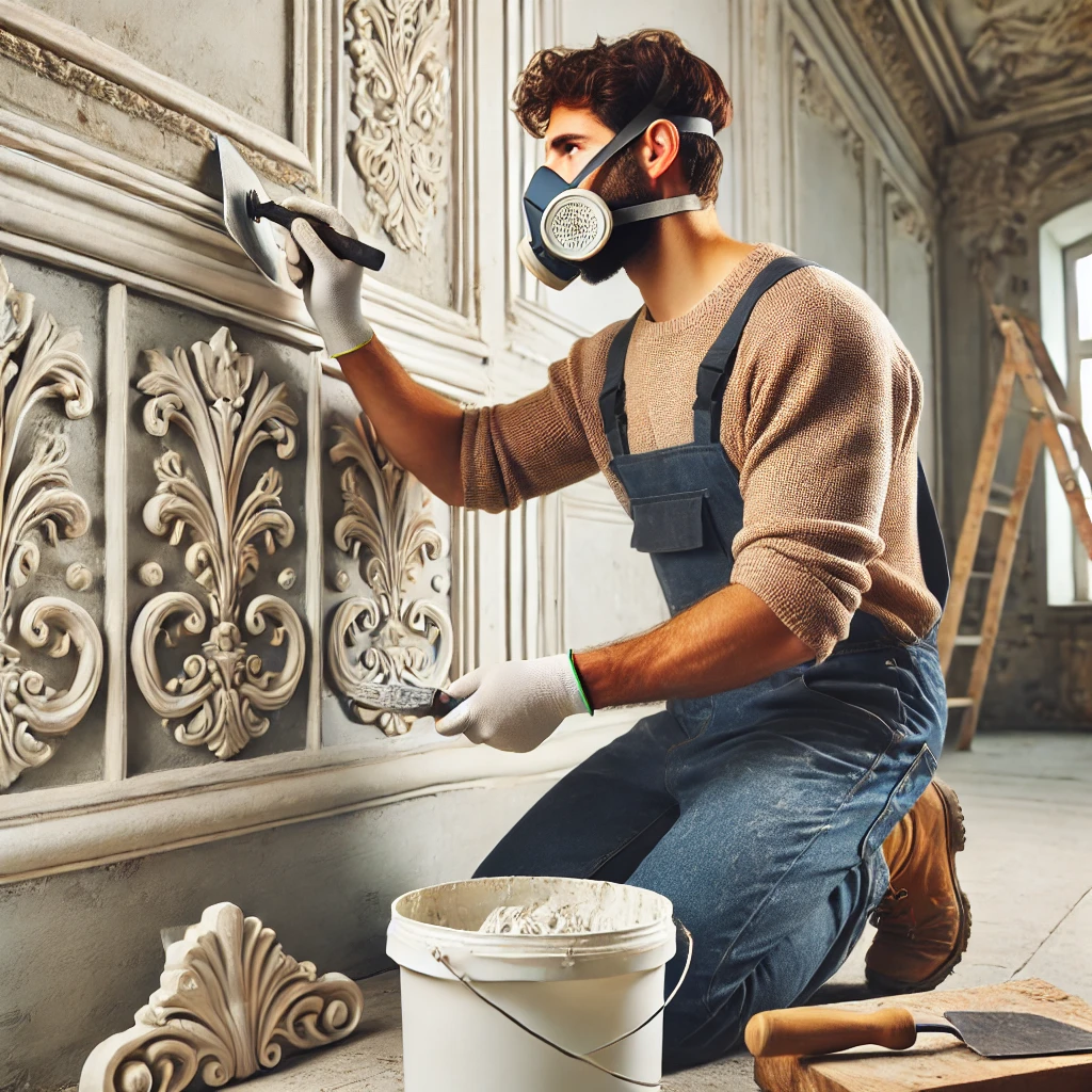DALL·E 2024-12-31 11.21.03 - A plasterer (yesero or escayolista) working on interior decoration. The professional is wearing work overalls, safety gloves, and a dust mask, careful