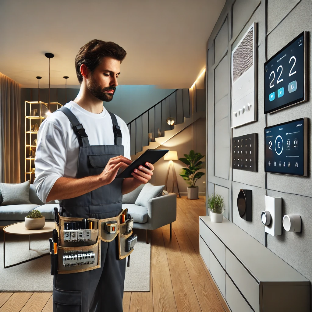 DALL·E 2024-12-31 11.25.08 - A professional smart home automation technician working in a modern residential environment. The technician is installing and configuring advanced sys