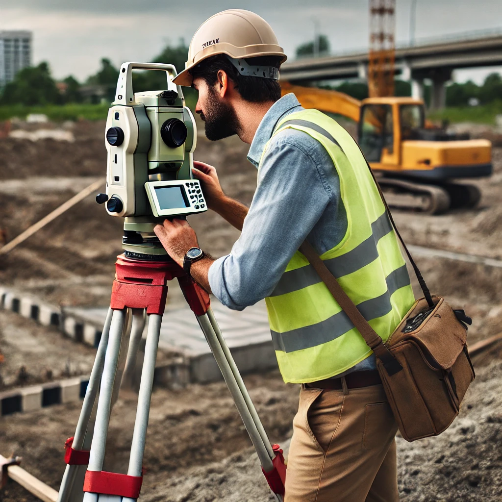 DALL·E 2024-12-31 11.25.45 - A professional land surveyor working outdoors at a construction site. The surveyor is operating a modern total station instrument on a tripod, measuri